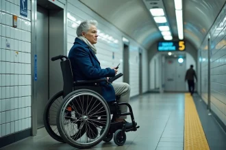 Femme en fauteuil roulant électrique devant un ascenseur PMR dans une station de métro parisienne ligne 4