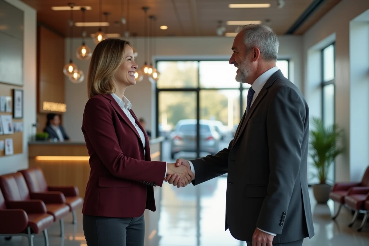 Poignée de main entre un représentant d'assureur et un client professionnel dans une agence moderne