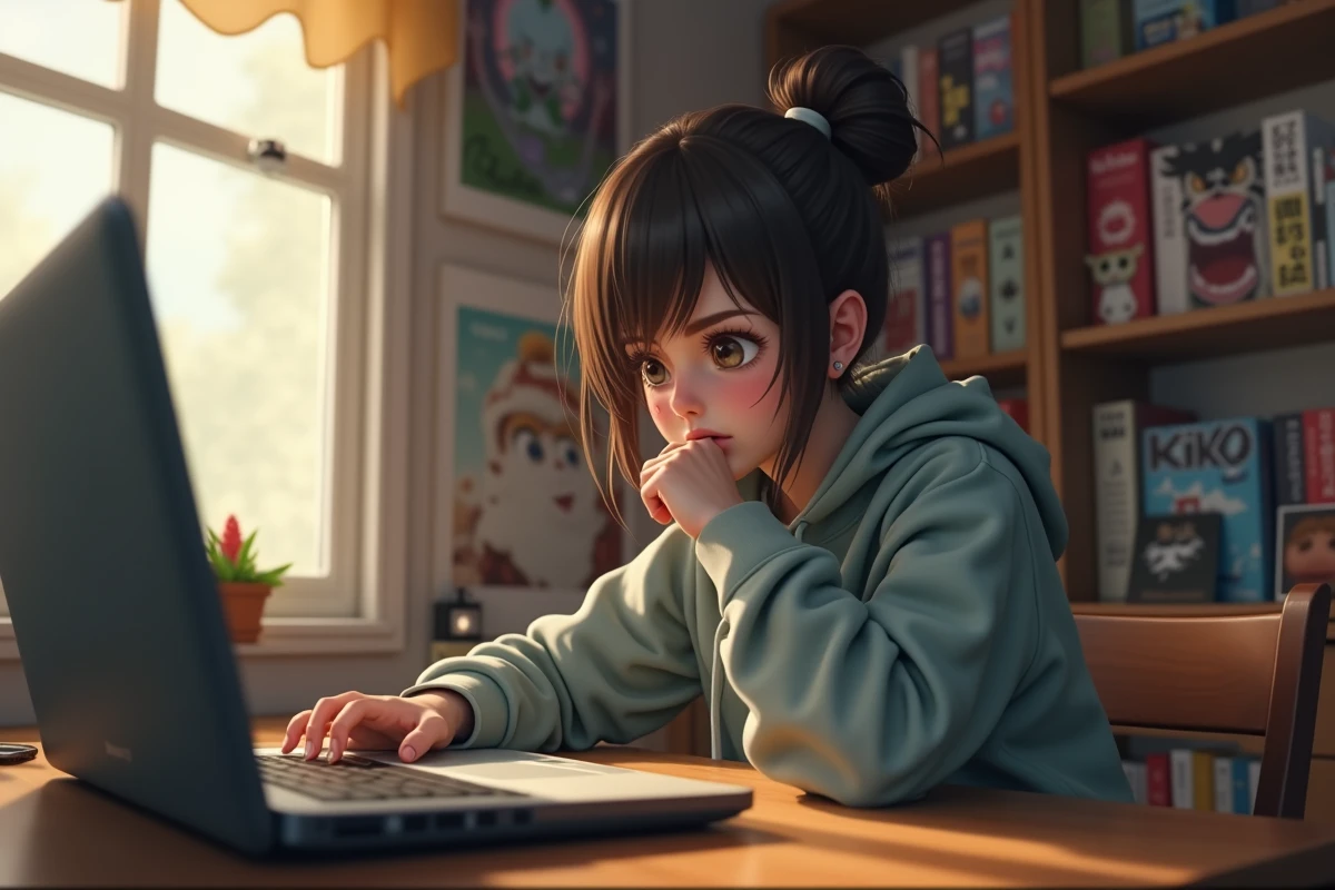 Adolescente lisant du contenu manga yaoi sur son ordinateur portable dans sa chambre, expression pensive et incertaine