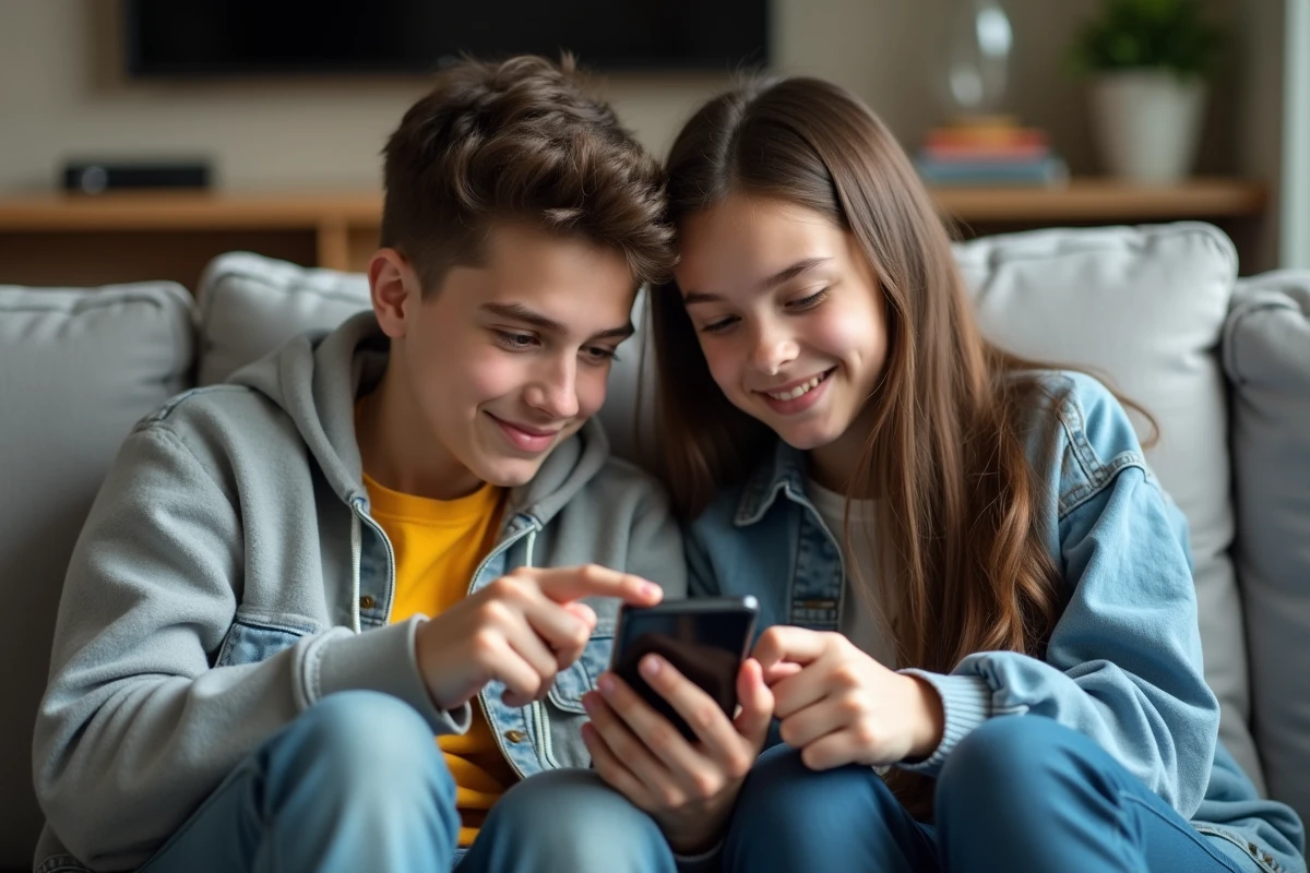 Deux adolescents jouant ensemble à 4 images 1 mot sur un smartphone dans un salon contemporain