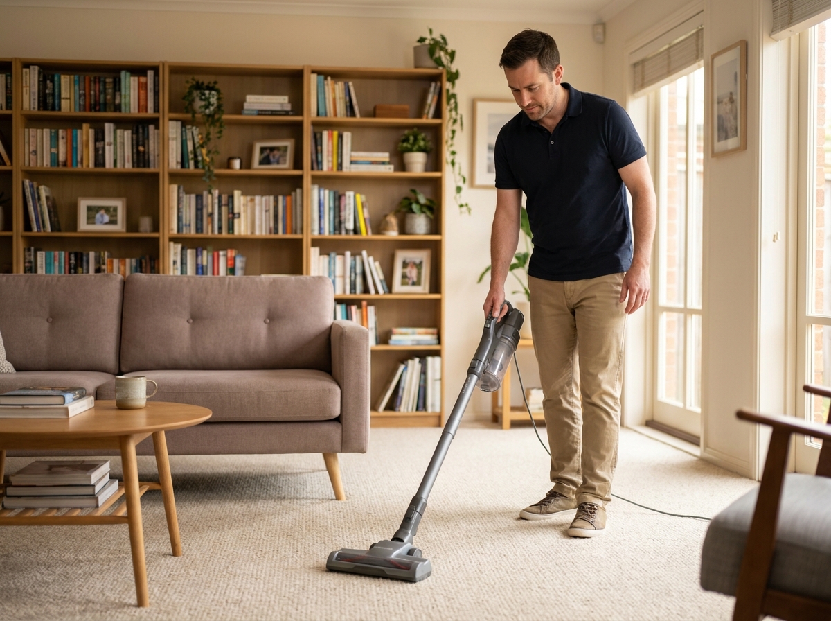 Agent d'entretien passant l'aspirateur dans un salon scandinave bien rangé à Brunoy