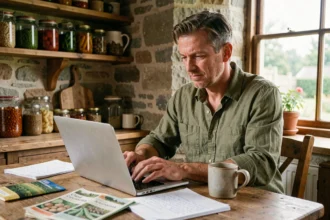 Agriculteur actif participant à une communauté en ligne sur son ordinateur dans une cuisine rurale authentique