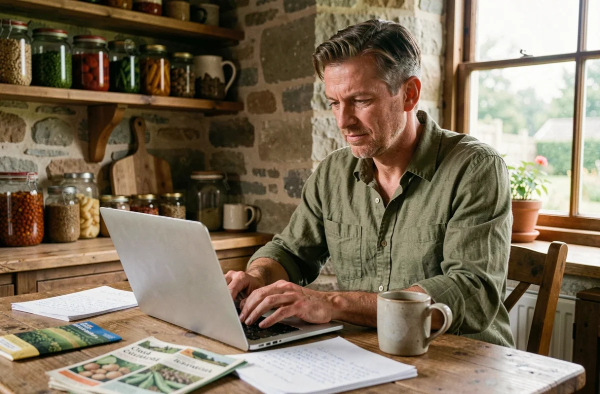 Agriculteur actif participant à une communauté en ligne sur son ordinateur dans une cuisine rurale authentique