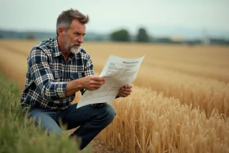 Agriculteur examinant un plan cadastral de terrain agricole de 10 hectares avant la signature d'un bail rural