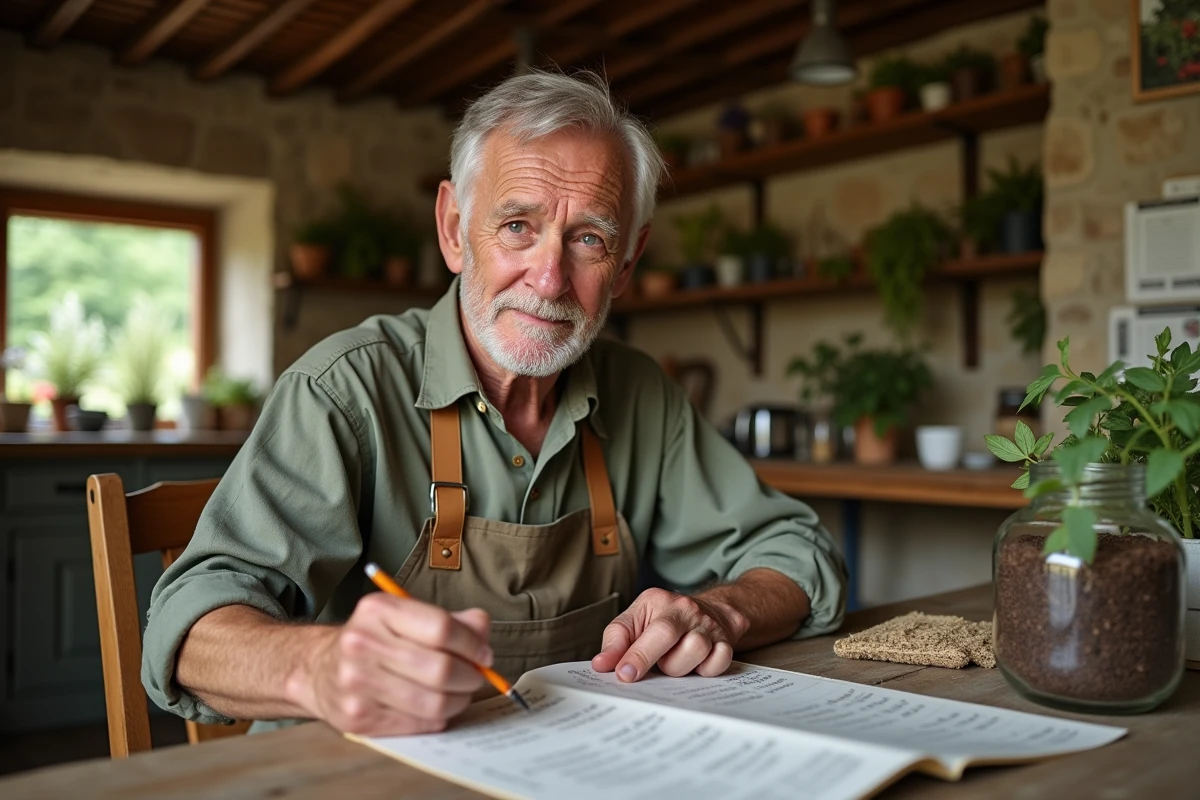 Agriculteur expérimenté annotant un calendrier lunaire pour planifier les semis dans une cuisine de ferme rustique