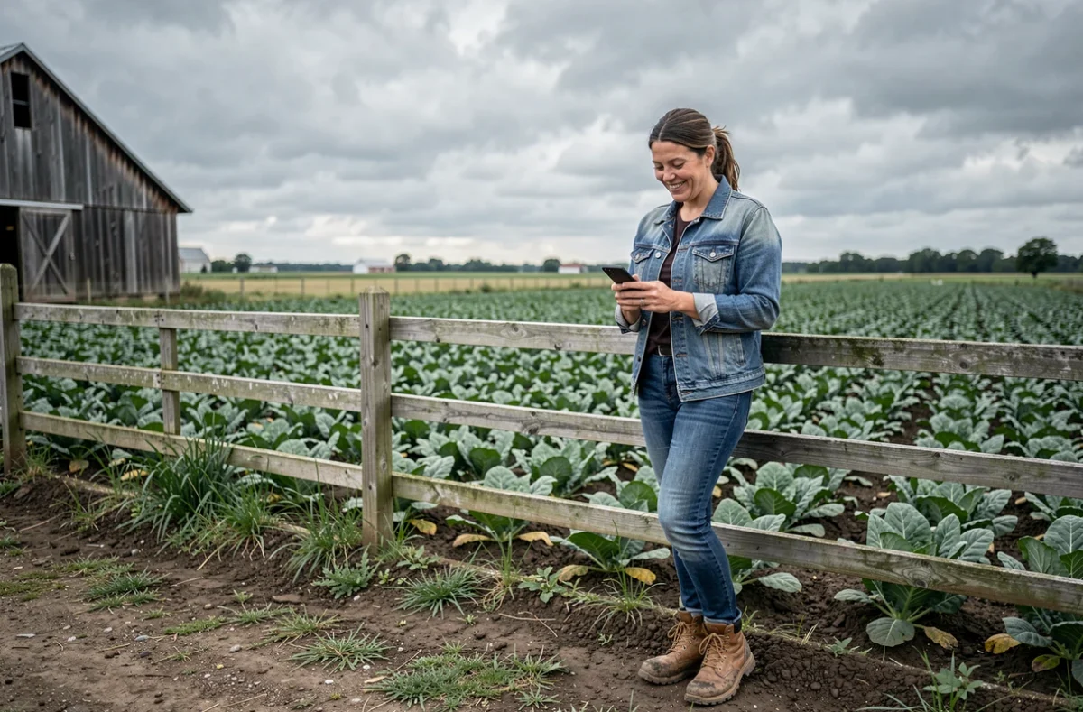 Agricultrice consultant sa communauté agricole en ligne depuis son champ de légumes