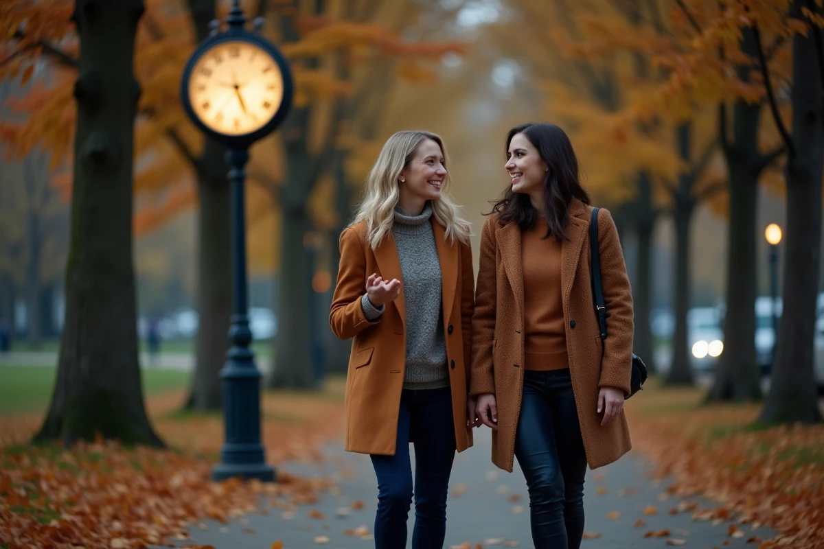 Deux femmes discutant dans un parc en soirée automnale
