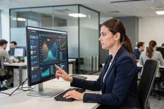 Professionnelle analysant un tableau de bord de sécurité numérique sur un écran d'ordinateur dans un bureau moderne