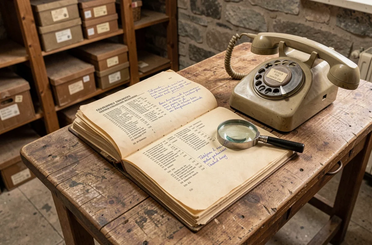 Anciens annuaires téléphoniques français ouverts sur une table en bois avec un téléphone vintage et une loupe illustrant la recherche historique dans les pages blanches