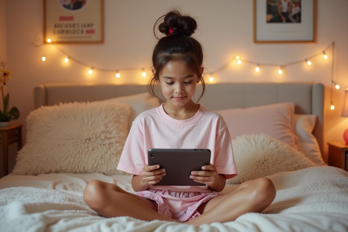 Adolescente utilisant une tablette avec filtre de confidentialité dans sa chambre, illustrant la discrétion et l'anonymat sur les tchats en ligne pour jeunes