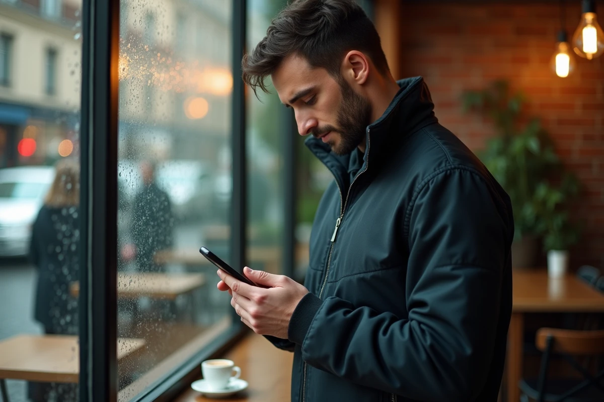 Homme consultant son smartphone de manière discrète dans un café urbain sous la pluie, évoquant l'anonymat sur les plateformes de tchat en ligne