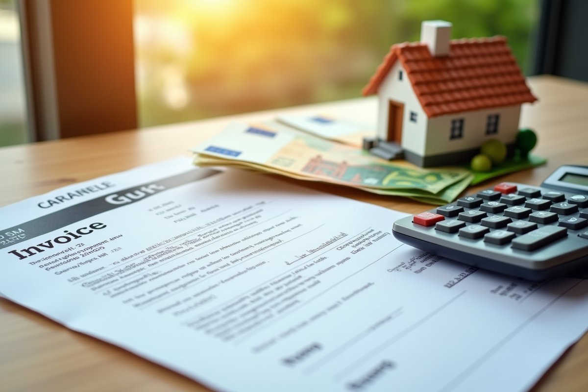 Billets d euros et calculatrice sur facture notaire avec maison verte en extérieur