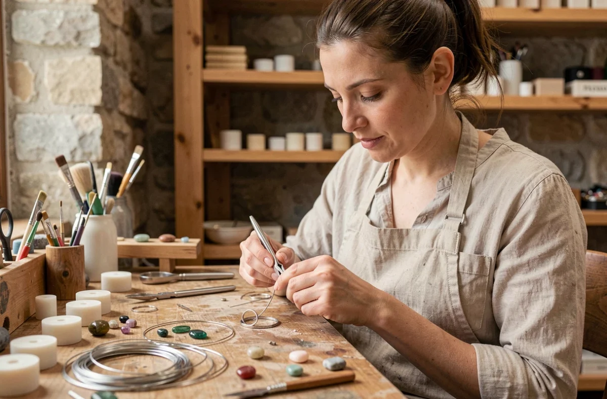 Artisane bijoutière façonnant une bague en argent dans l'atelier de L'Art du Bijou en Isère