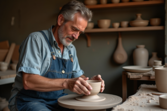 Artisan en poterie façonnant une coupe en argile dans son atelier