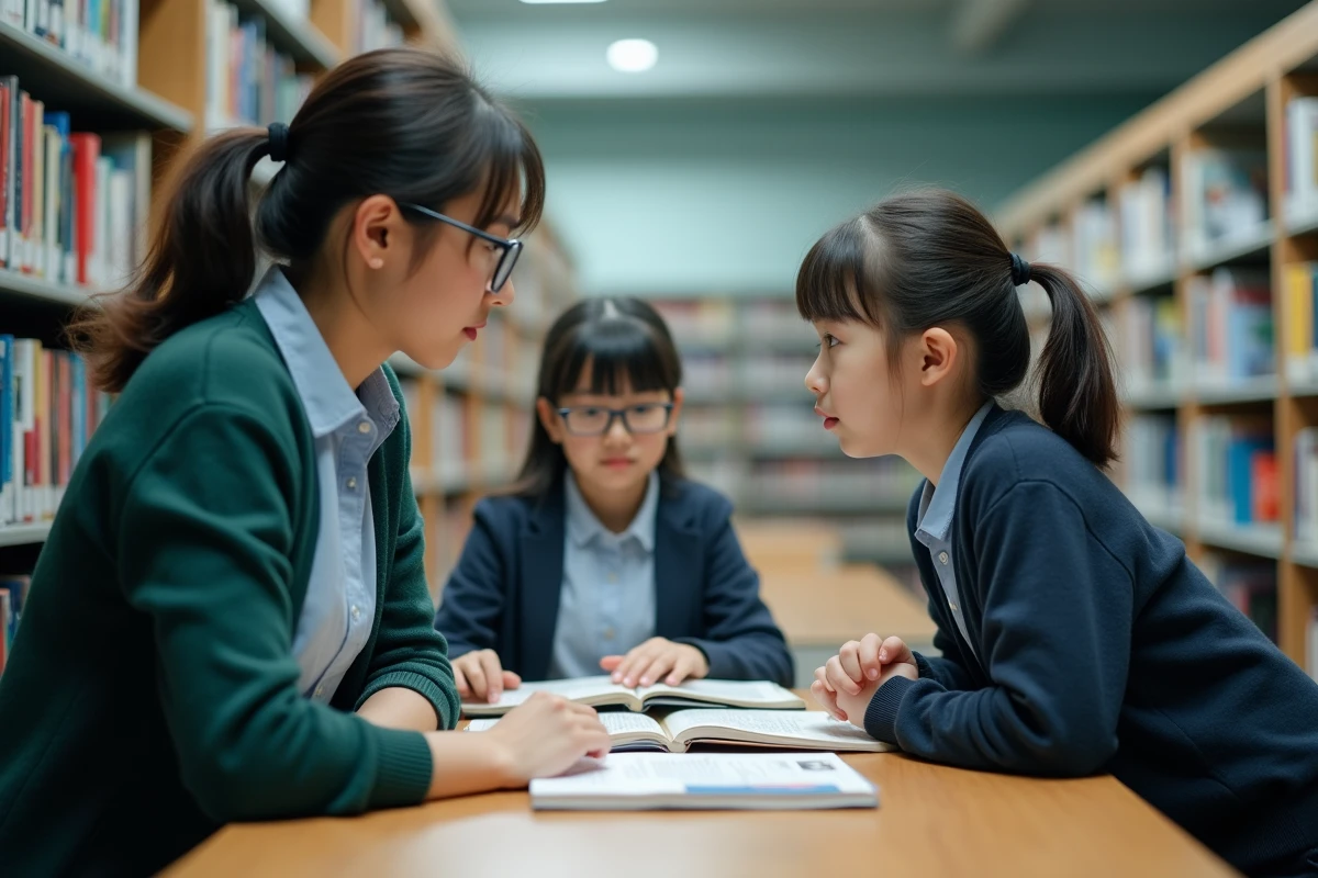 Bibliothécaire scolaire discutant avec des adolescents de la lecture de mangas et de contenus adaptés à leur âge