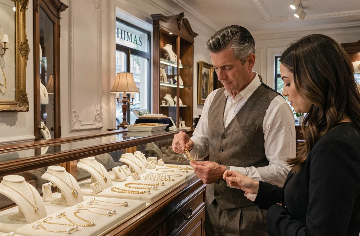 Bijoutier présentant un bracelet en or à une cliente dans la boutique Thomas H à Grenoble