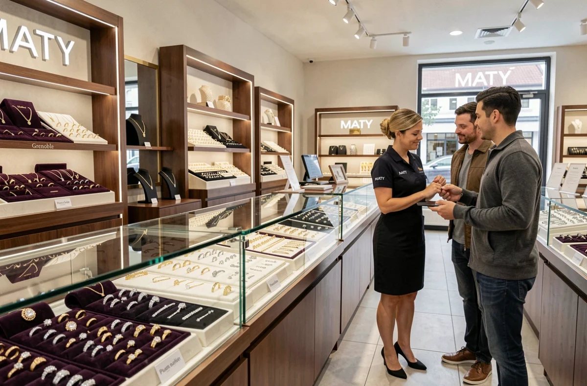 Conseillère présentant une bague de fiançailles à un couple dans la bijouterie MATY de Grenoble