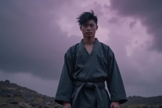 Personnage inspiré de Black Goku en tenue sombre debout sous un ciel orageux dramatique