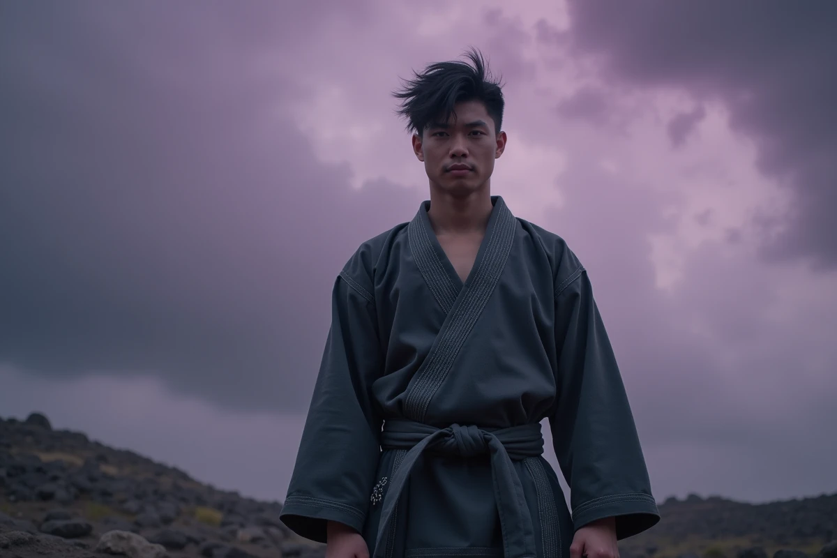 Personnage inspiré de Black Goku en tenue sombre debout sous un ciel orageux dramatique