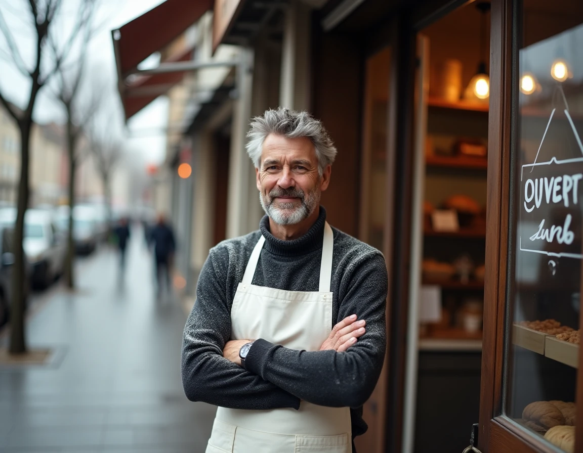 Boulanger devant sa boutique ouverte le jour du 1er janvier avec panneau Ouvert sur la devanture