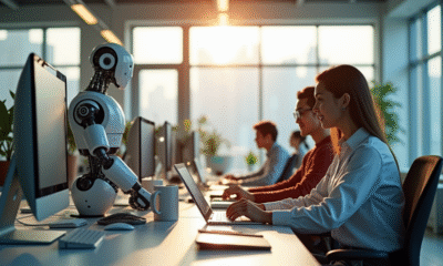 Bureau moderne avec employés et robots collaborant