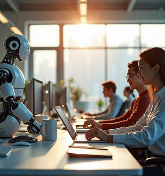 Bureau moderne avec employés et robots collaborant