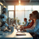 Bureau moderne avec employés et robots collaborant