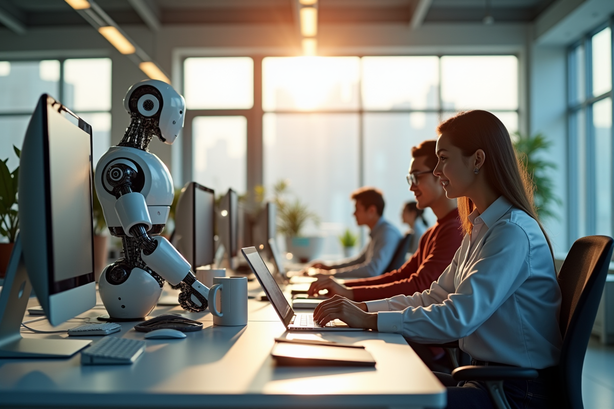 Bureau moderne avec employés et robots collaborant