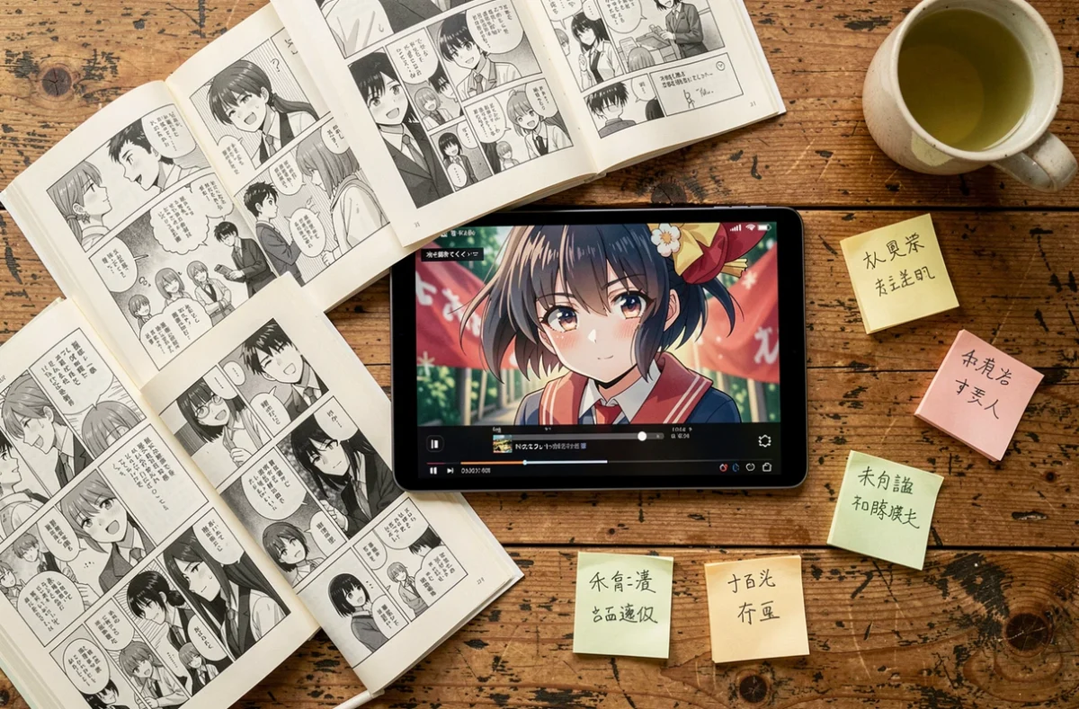 Bureau en bois avec volumes de manga ouverts et tablette affichant une série animée, comparaison entre scan et anime