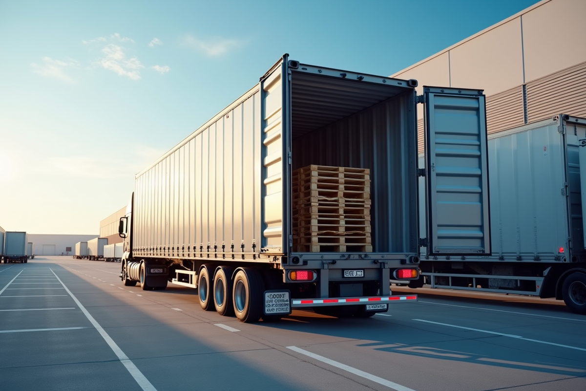Camion semi-remorque dans un centre logistique moderne