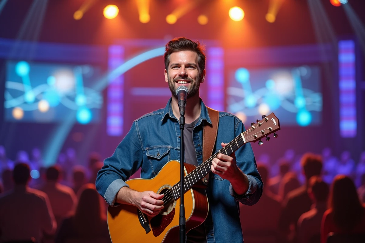 Candidat guitariste sur le plateau de N'oubliez pas les paroles tenant une guitare acoustique devant un décor coloré