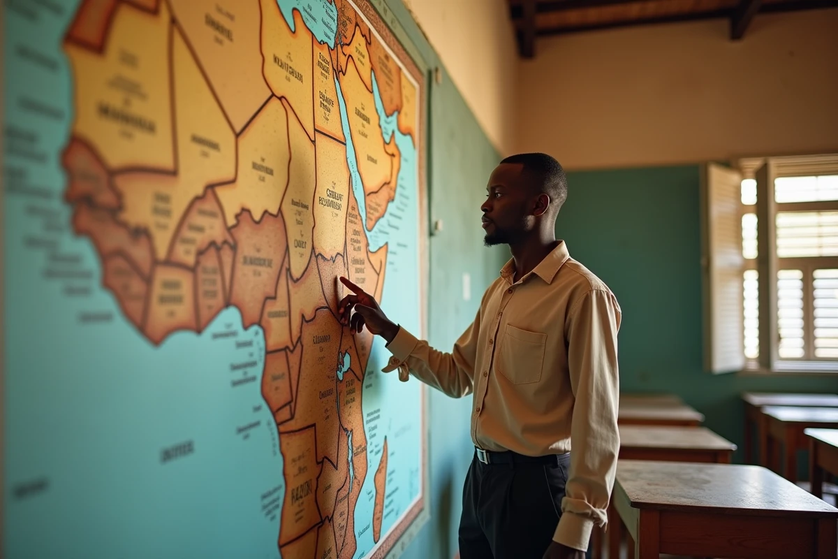 Professeur africain pointant une grande carte physique du continent africain dans une salle de classe