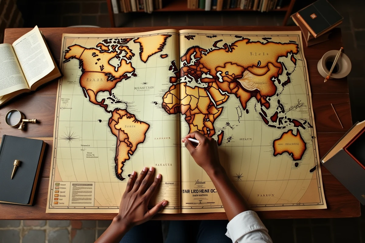Vue aérienne d'une carte ancienne de l'Afrique posée sur une table en bois avec des livres de géographie