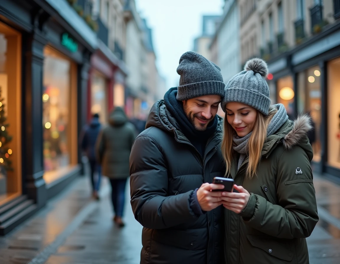Couple consultant une carte interactive sur smartphone pour trouver les magasins ouverts le 1er janvier en ville