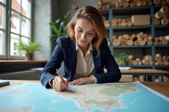Cartographe analysant une carte topographique de la Normandie dans un bureau de planification régionale