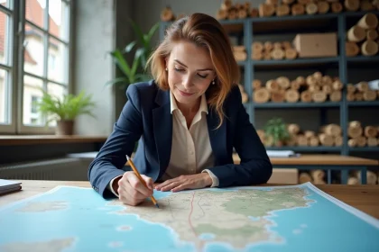 Cartographe analysant une carte topographique de la Normandie dans un bureau de planification régionale