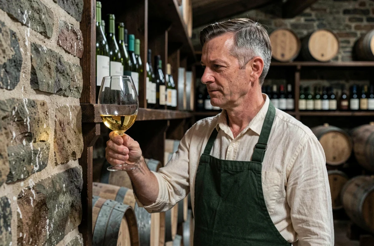 Vigneron alsacien examinant un verre de Riesling dans une cave viticole en pierre traditionnelle