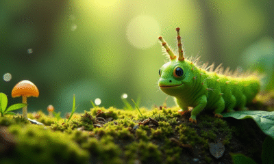 Chenille verte mangeant une feuille dans la forêt