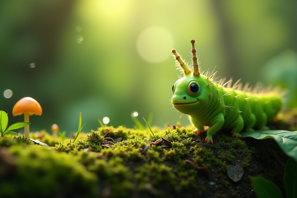 Chenille verte mangeant une feuille dans la forêt