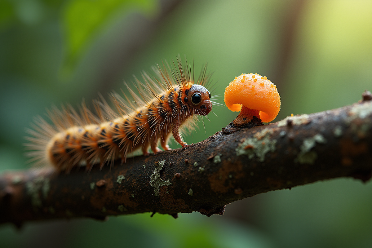 Chenille et petit champignon sur branche humide