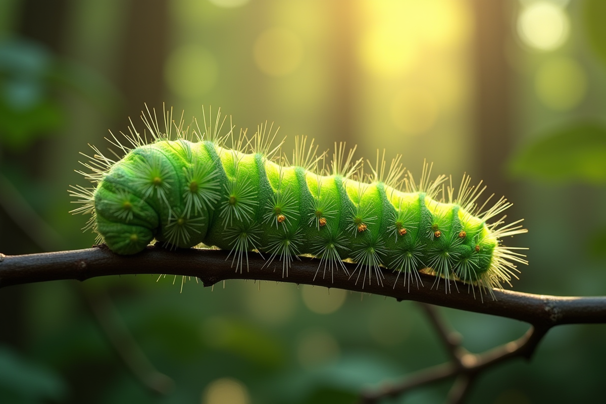 Chenille verte aux poils urticants repose sur une branche en plein jour