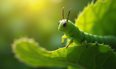 Chenille verte levant son corps sur une feuille ensoleillee