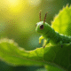 Chenille verte levant son corps sur une feuille ensoleillee