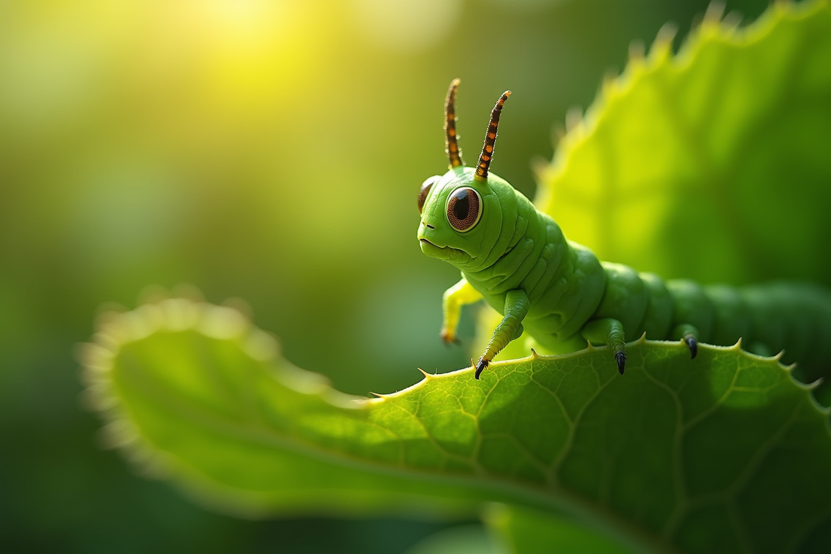 Chenille verte levant son corps sur une feuille ensoleillee