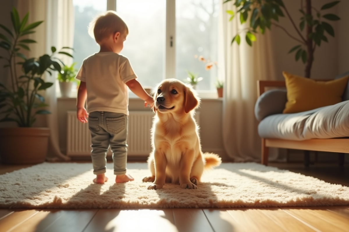 Golden retriever avec un enfant dans un salon cosy