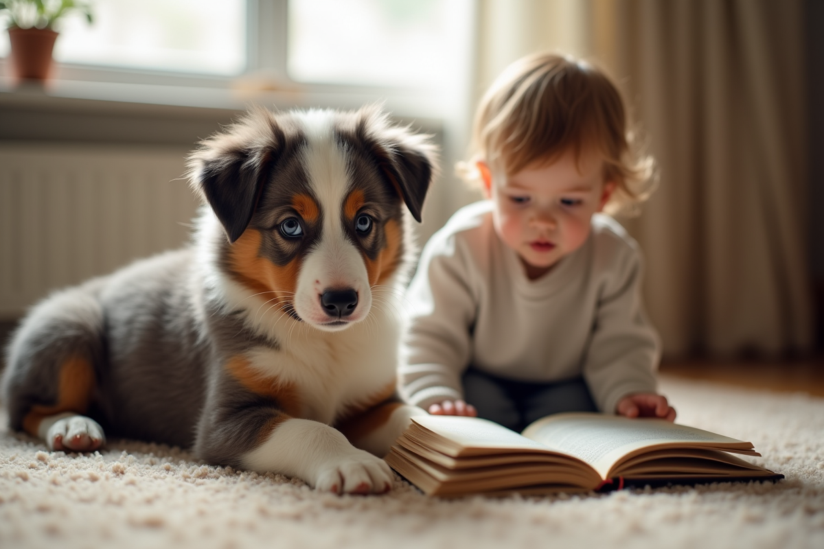 Chiot australien calme assis avec enfant lisant