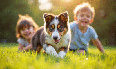 Chiot australien joyeux jouant dehors avec enfants
