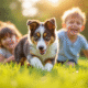 Chiot australien joyeux jouant dehors avec enfants