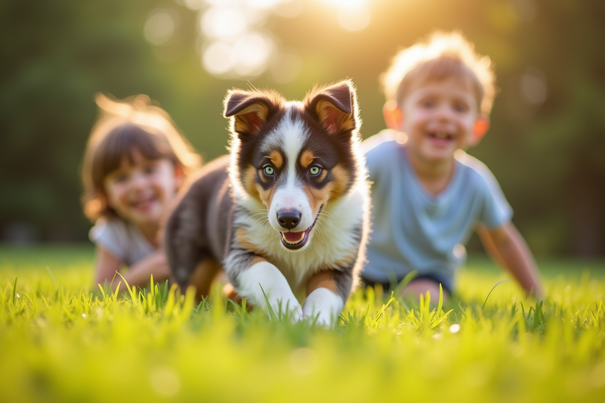 Chiot australien joyeux jouant dehors avec enfants