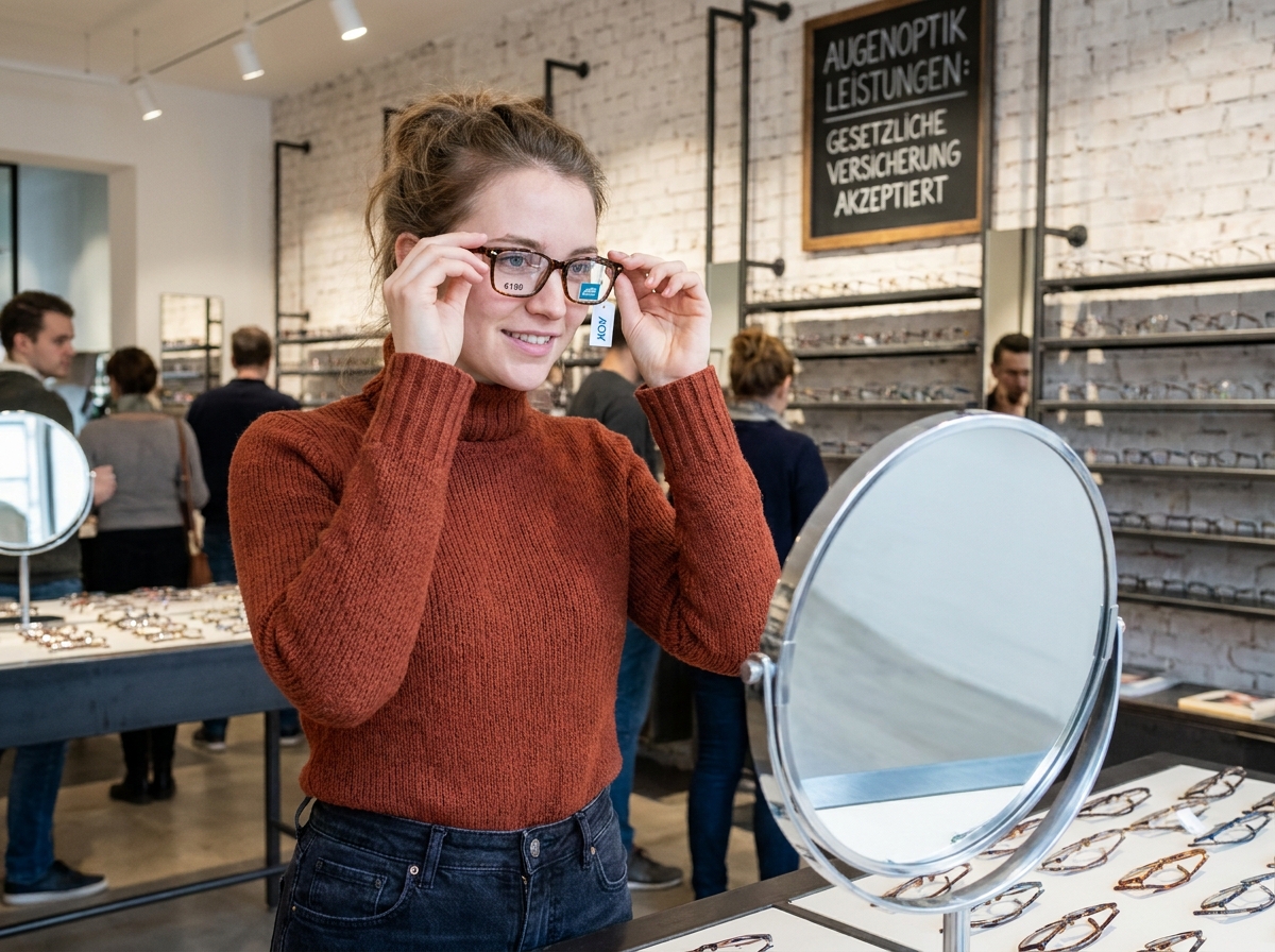 Jeune femme allemande choisissant des lunettes remboursées par son assurance dans une opticerie moderne de Berlin